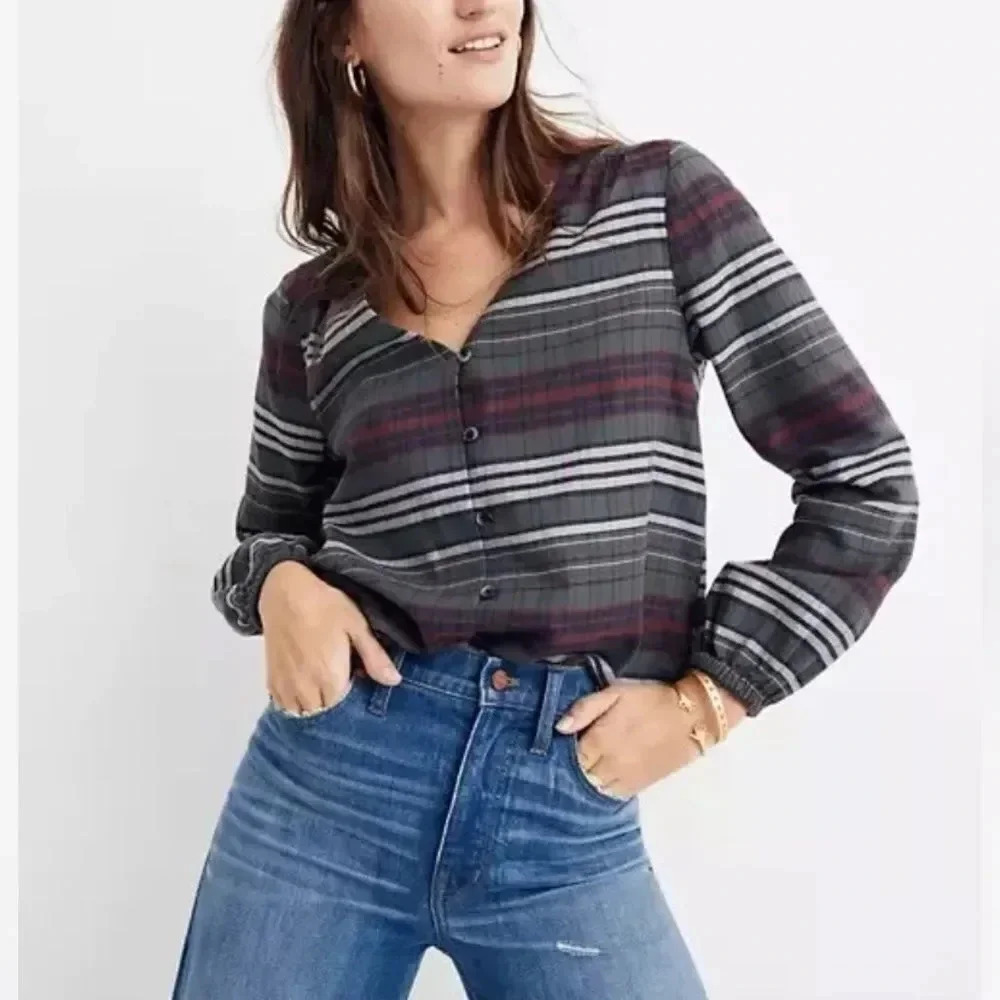 Madewell Check Button Up Shirt Blouse Women’s Size XS Green Black V Neck